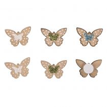12 Fleurs papillons en bois vert, blanc et bleu avec paillettes 2cm