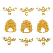 9 abeilles et ruches miniatures en bois jaune pailletées 3cm