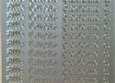 Stickers mots bienvenue fille gar�on 26 lignes argent�s