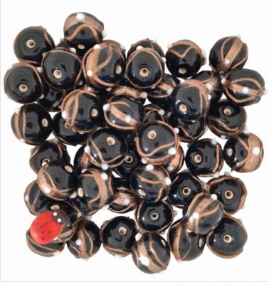 x20 Perles rondes indiennes noir et or 13mm